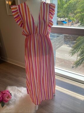 Striped V-Neck Flutter Sleeve Maxi Dress - Pink, Orange, White one size